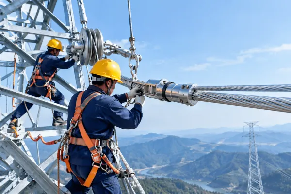 OPGW cable installation on high voltage transmission tower