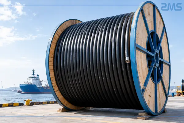 Medium voltage submarine cable on steel wooden drum for island power supply